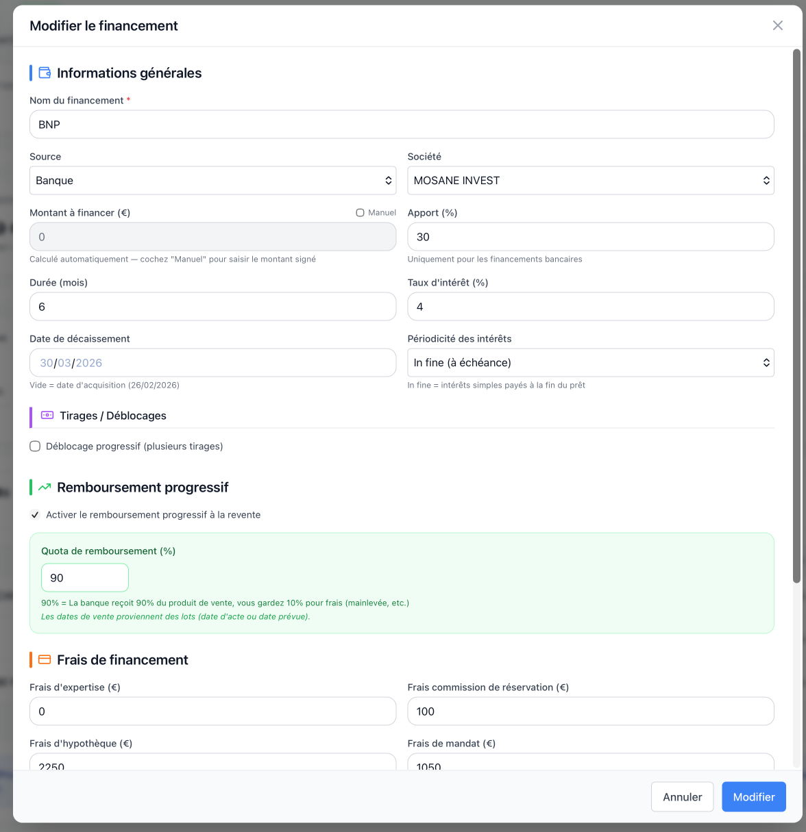 Configuration financement